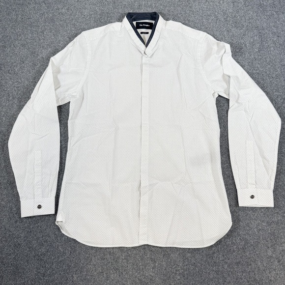 The Kooples‎ Dress Shirt Mens Medium White Fitted Cotton Collarless Geometric - Picture 2 of 12